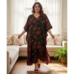 GOLD COAST Black Red Floral Leopard Kaftan OS